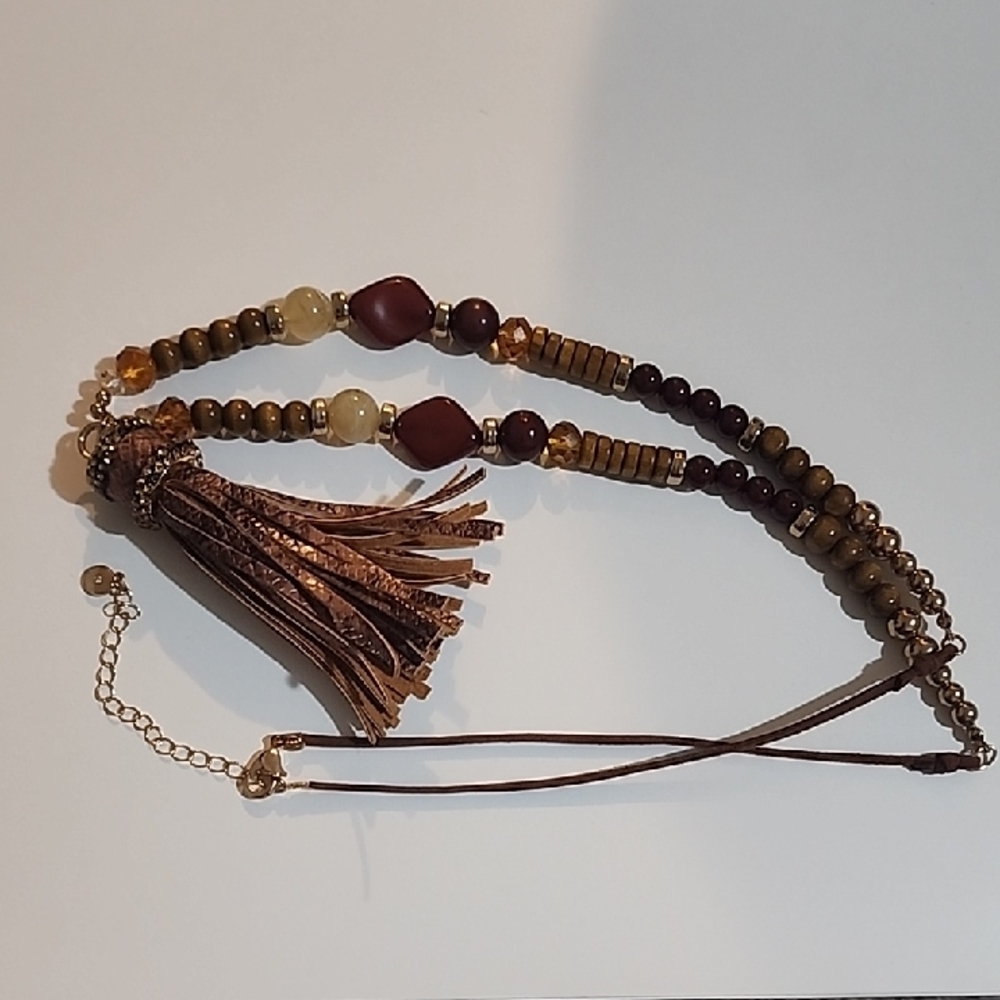 Unique Vintage Brown and Gold Beaded Necklace with Tassel